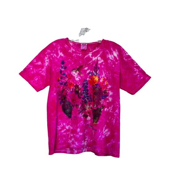 Vintage 90s Hummingbird Tie Dye Floral Palm Springs Graphic Tee - Picture 1 of 3
